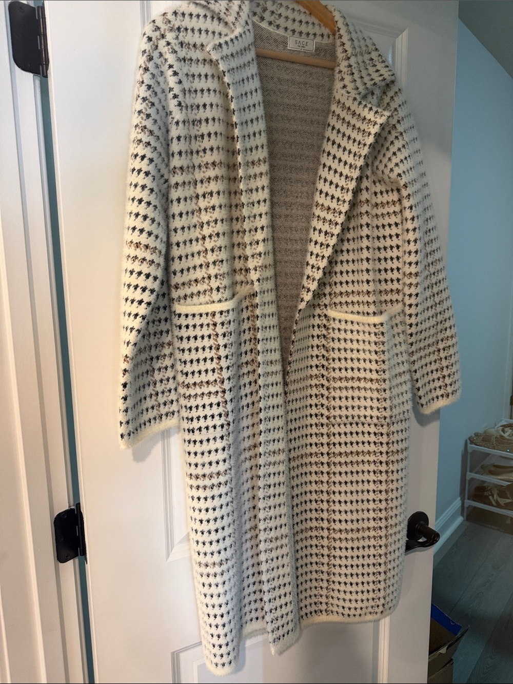 Sage Ivory and Black Patterned Knit Cardigan Coat